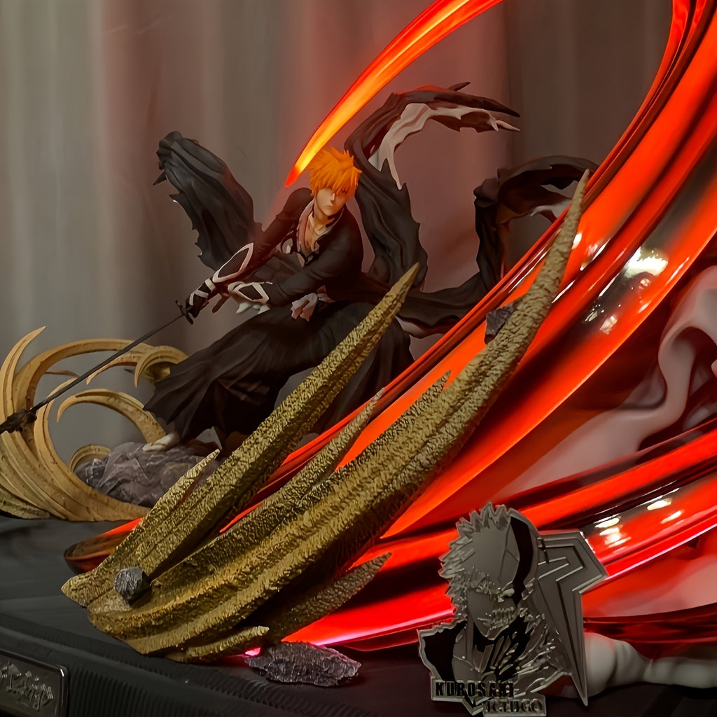 Anime Action Figure - Dynamic Sword-Wielding Character with Vibrant Red & Golden Energy Effects, Black Outfit & Orange Hair, PVC Collectible Gift for Fans, Car Dashboard Decor, Anime Figure