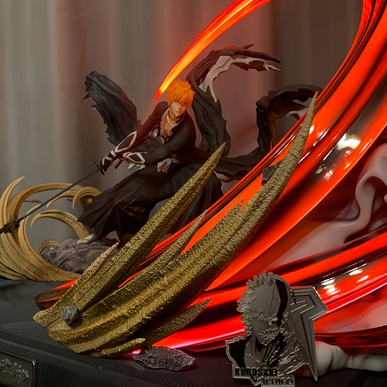 Anime Action Figure - Dynamic Sword-Wielding Character with Vibrant Red & Golden Energy Effects, Black Outfit & Orange Hair, PVC Collectible Gift for Fans, Car Dashboard Decor, Anime Figure