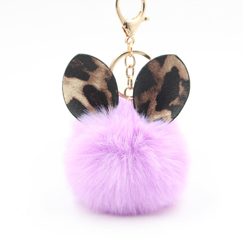 Adorable Plush Cat Ear Keychain with Leopard Print Ears & Fluffy Ball - Golden-Tone Key Ring for Bags