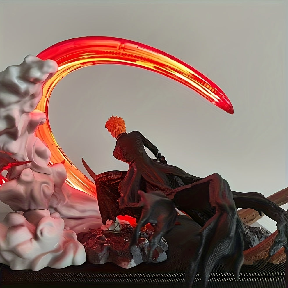 Anime Action Figure - Dynamic Sword-Wielding Character with Vibrant Red & Golden Energy Effects, Black Outfit & Orange Hair, PVC Collectible Gift for Fans, Car Dashboard Decor, Anime Figure