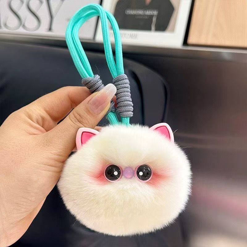1pc Cute Plush Kitten Keychain - Soft Fluffy Pendant with Expressive Eyes, Black or White - Bag Charm, Car Keyring