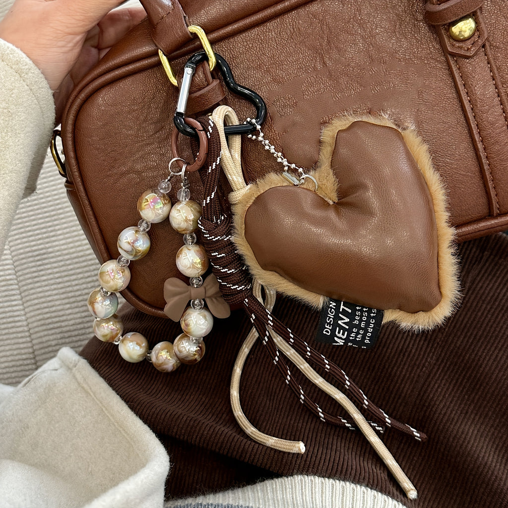 Cute Plush Heart Keychain with Lace Trim - Soft Flannel Bag Charm for Women, Perfect for Keys, Backpacks & Handbags, Keychain Accessories
