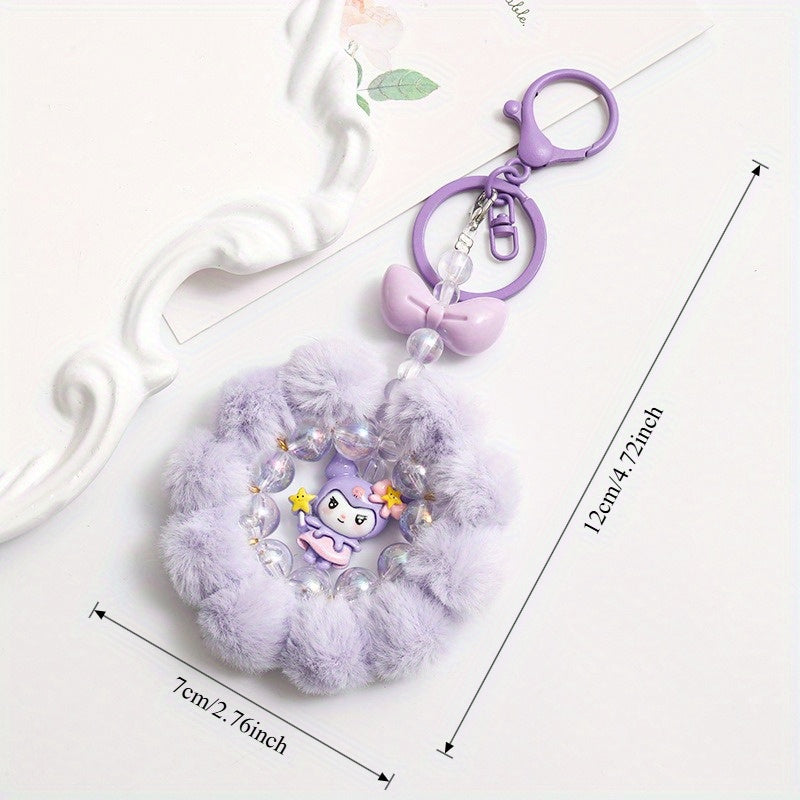 Sanrio for kuromi & for My Melody Plush Keychain - Cute Round Ring Design with Pink & White Beads