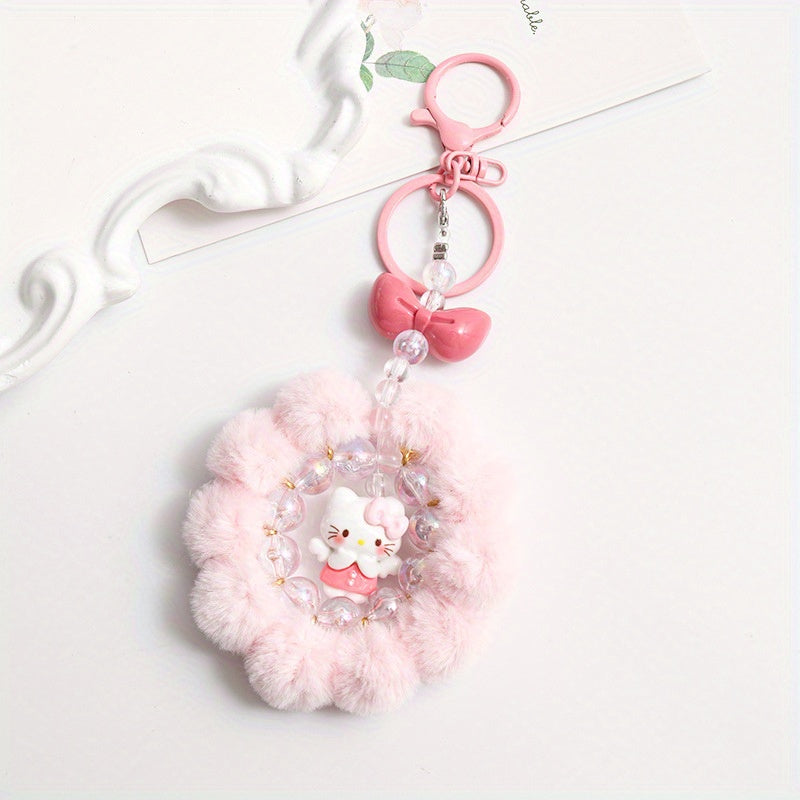 Sanrio for kuromi & for My Melody Plush Keychain - Cute Round Ring Design with Pink & White Beads