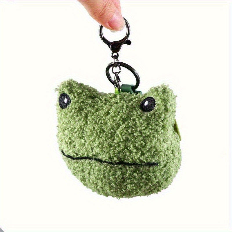 Adorable Green Frog Plush Keychain Wallet – Soft Faux Fur Zippered Pouch for Coins, Earphones & Small Items