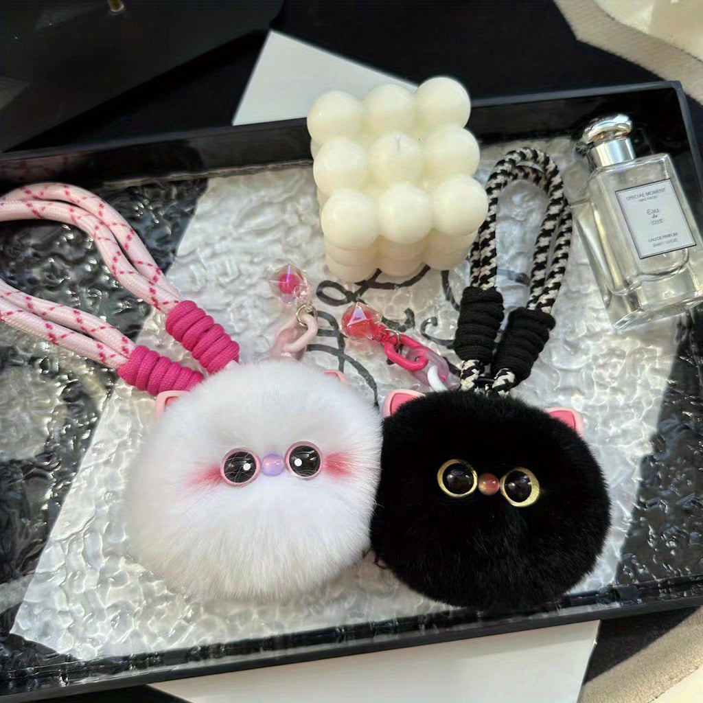 1pc Cute Plush Kitten Keychain - Soft Fluffy Pendant with Expressive Eyes, Black or White - Bag Charm, Car Keyring