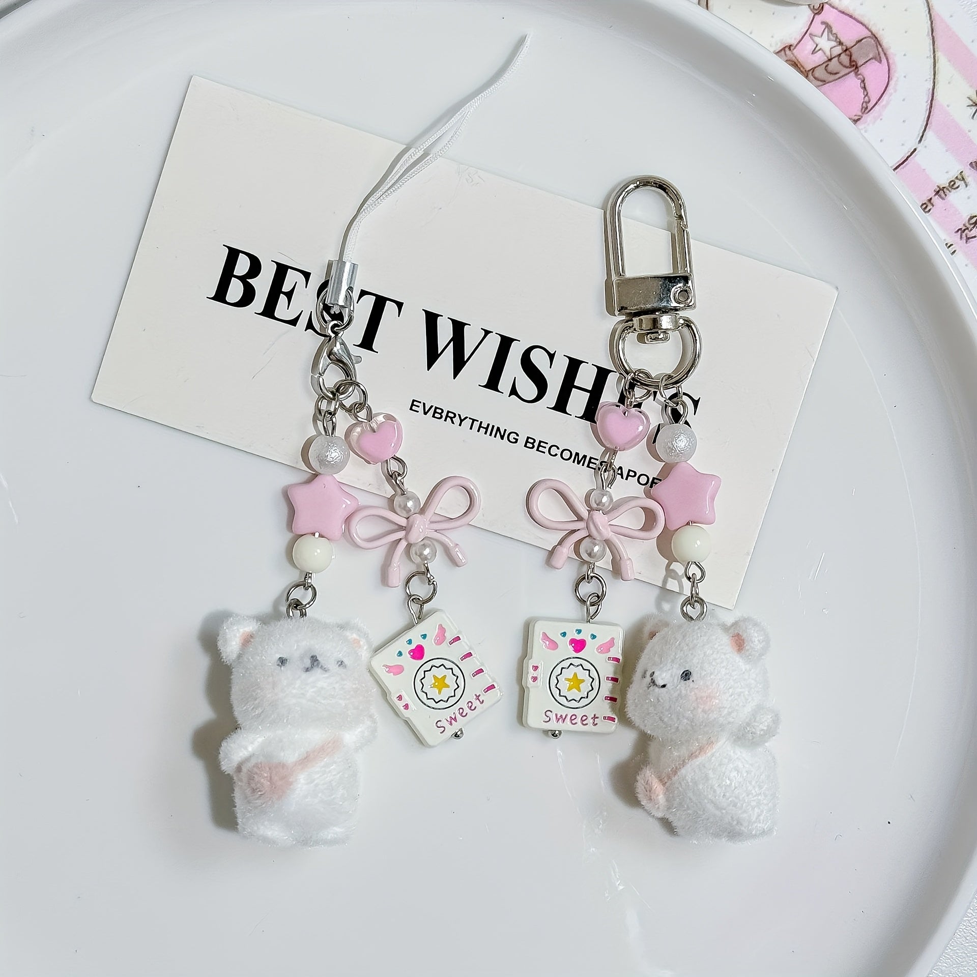 Cute Plush bear keychain with chaining links - Soft Fluffy Ears, Pastel Colors (White\u002FPink\u002F) - Bag Charm