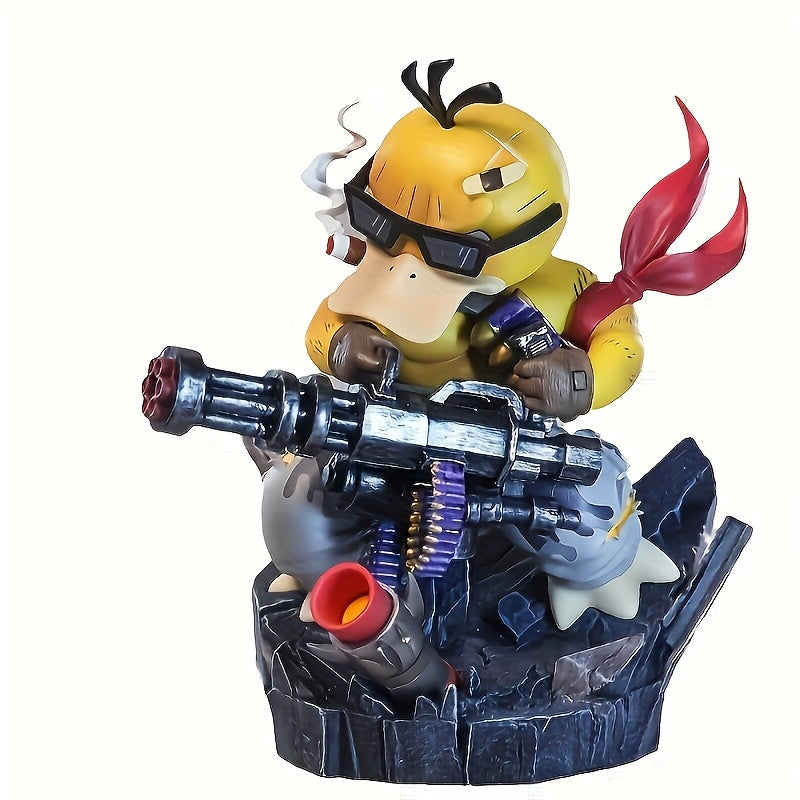 Anime Duck Figure Yellow Anime-Style Duck Character Figure with Red Glasses & Weapon | PVC Material on Black Rock Base, Dynamic Pose Home Decor, Christmas Halloween Thanksgiving Gift for Anime Fans