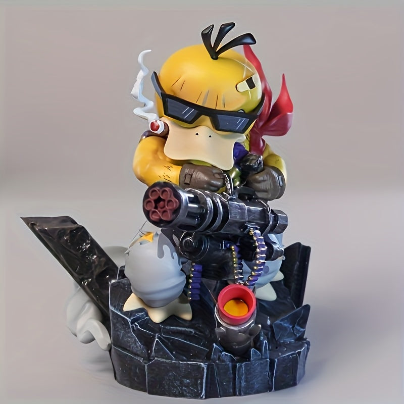 Anime Duck Figure Yellow Anime-Style Duck Character Figure with Red Glasses & Weapon | PVC Material on Black Rock Base, Dynamic Pose Home Decor, Christmas Halloween Thanksgiving Gift for Anime Fans