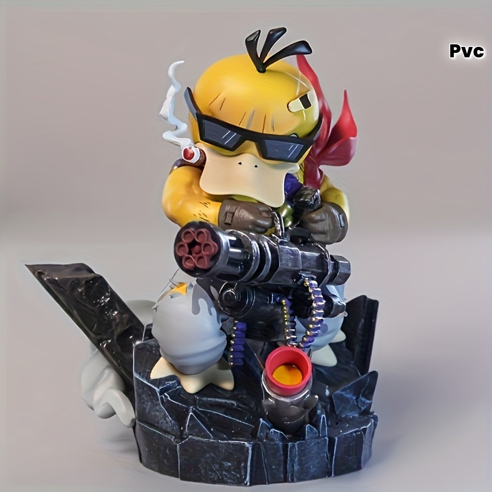 Anime Duck Figure Yellow Anime-Style Duck Character Figure with Red Glasses & Weapon | PVC Material on Black Rock Base, Dynamic Pose Home Decor, Christmas Halloween Thanksgiving Gift for Anime Fans